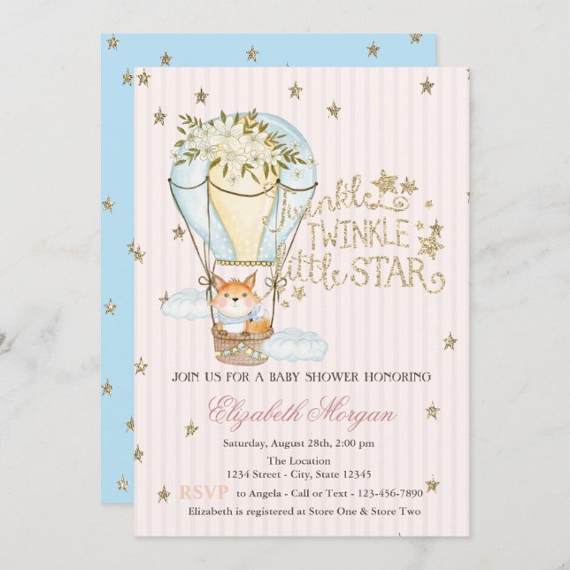 Air Balloon,Fox,Glitter Stars Striped Baby Shower Invitation (Front/Back)