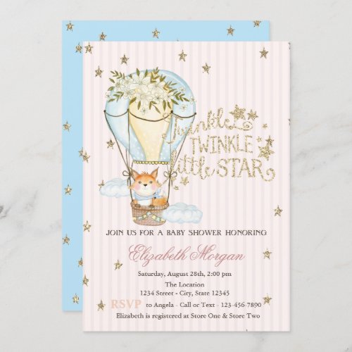 Air BalloonFoxGlitter Stars Striped Baby Shower Invitation