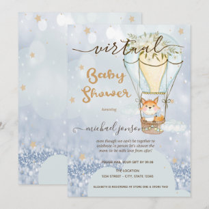 Air Balloon Fox Stars Bokeh Virtual Baby Shower Invitation