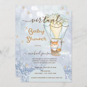 Air Balloon Fox Stars Bokeh Virtual Baby Shower Invitation