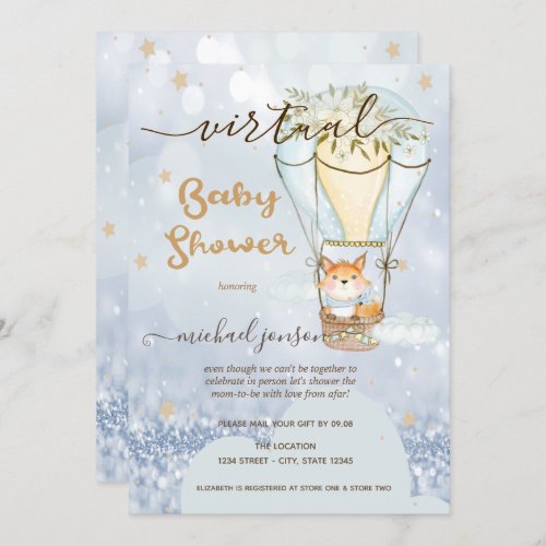 Air Balloon Fox Stars Bokeh Virtual Baby Shower Invitation