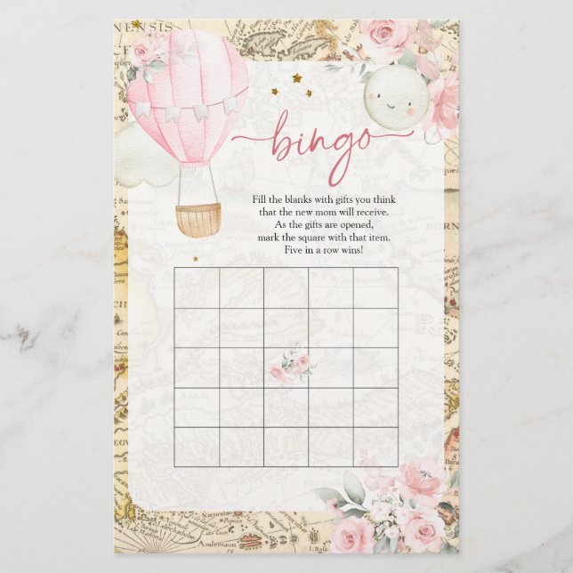 Air Balloon Isn't she Onerderful Baby Shower Bingo (Front)