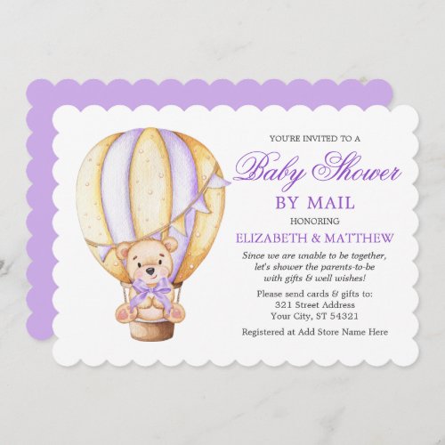 Air Balloon Teddy Bear Purple Baby Shower by Mail Invitation