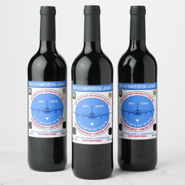 Air Captain's Birthday. Funny, Fully Customizable Wine Label (Bottles)