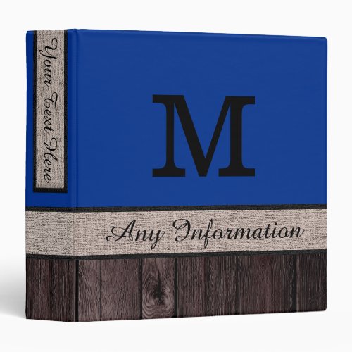 Air Force Blue Color Rustic Look Wood Monogram 3 Ring Binder