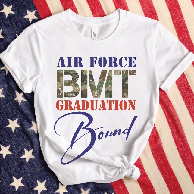 Air Force BMT Graduation Bound Front Back Light T-Shirt (White USA Flag Air Force BMT Graduation Bound travel t-shirts, camouflage,  back side Airman name)