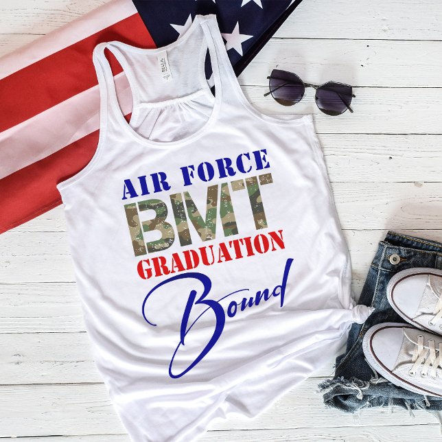 Air Force BMT Graduation Bound Military Flowy Tank Top (Women's white US Air Force BMT Graduation Bound flowy racerback tank, mom, wife, girlfriend, sister)