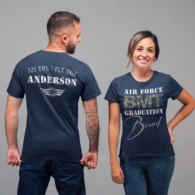 Air Force BMT Graduation Bound Military Front Back T-Shirt (Air Force BMT Graduation Bound, basic military training front and back travel t-shirt, TRS FLT name )
