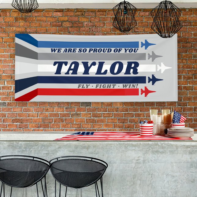 Air Force Jets Military Farewell Party Banner Sign (Patriotic gray US Air Space Force jet plane Airman Name BMT going away party banner decoration)