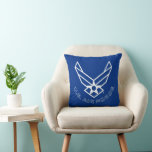 Air Force Logo - Blue Throw Pillow<br><div class="desc">This design features the iconic Air Force logo set against a striking blue background. Its clean and patriotic look embodies the honor,  pride,  and tradition of the United States Air Force,  making it ideal for showcasing support and appreciation for military service.</div>