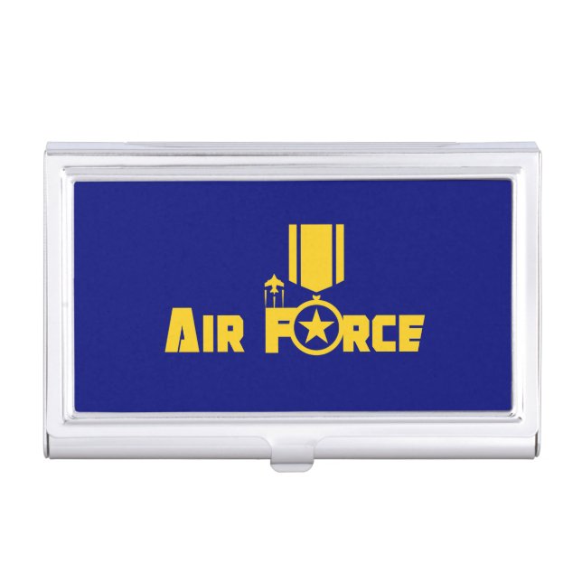 Air Force Military Star Medal Aircraft Blue Gold Business Card Case (Front)