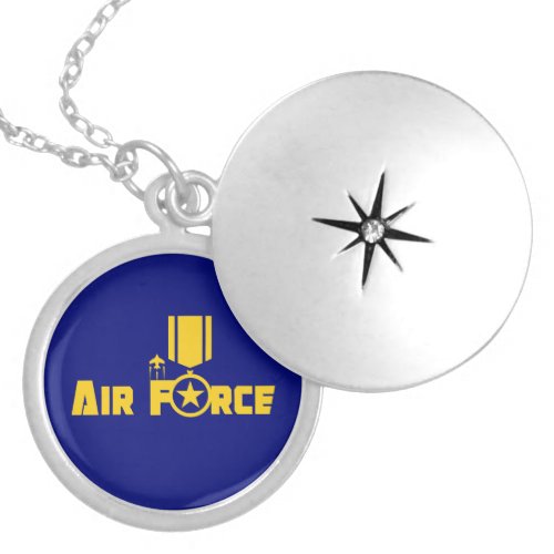 Air Force Military Star Medal Aircraft Blue Gold Locket Necklace