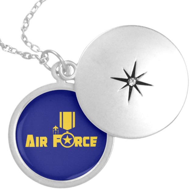 Air Force Military Star Medal Aircraft Blue Gold Locket Necklace (Front)