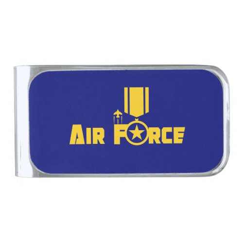 Air Force Military Star Medal Aircraft Blue Gold Silver Finish Money Clip