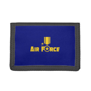 Air Force Military Star Medal Aircraft Blue Gold Tri-fold Wallet
