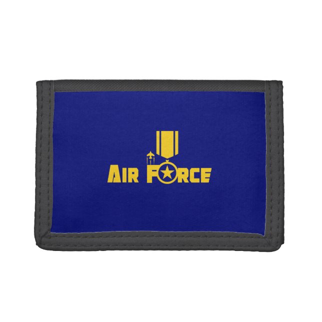 Air Force Military Star Medal Aircraft Blue Gold Trifold Wallet (Front)