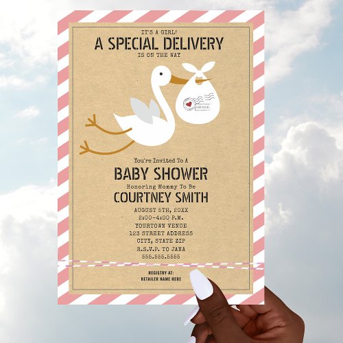 Air Mail Special Delivery Stork Girl Baby Shower Invitation