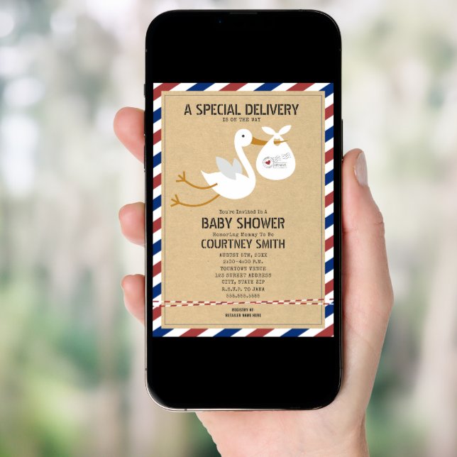 Air Mail Special Delivery Stork Unisex Baby Shower Invitation (Front Digital)