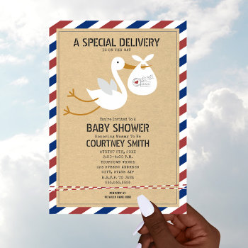 Air Mail Special Delivery Stork Unisex Baby Shower Invitation by JillsPaperie at Zazzle