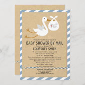 Air Mail Stork Blue Boy Baby Shower By Mail Invitation (Front/Back)