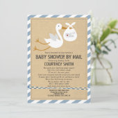 Air Mail Stork Blue Boy Baby Shower By Mail Invitation (Standing Front)