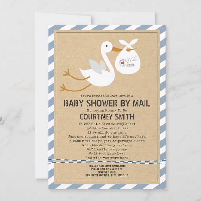 Air Mail Stork Blue Boy Baby Shower By Mail Invitation (Front)
