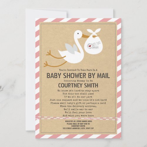 Air Mail Stork Pink Baby Shower By Mail Invitation