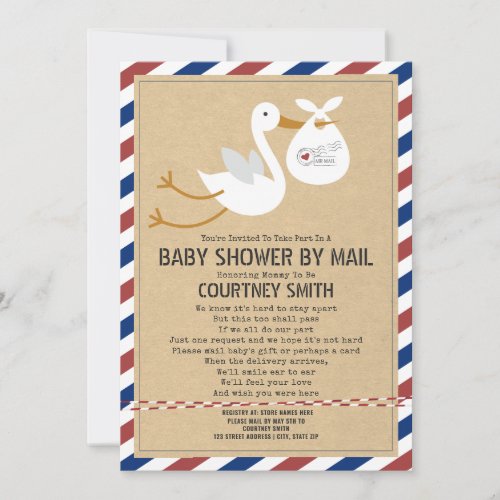 Air Mail Stork Red Blue Baby Shower By Mail Invitation
