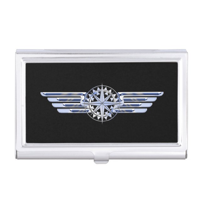 Air Pilot Chrome Like Wings Compass on Black Business Card Holder (Front)