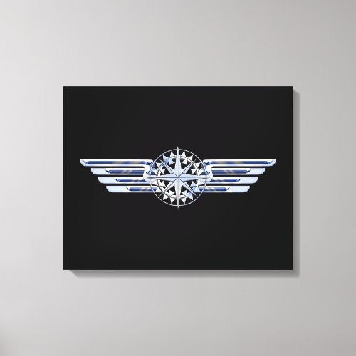 Air Pilot Chrome Like Wings Compass on Black Canvas Print