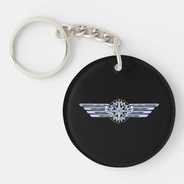Air Pilot Chrome Like Wings Compass on Black Keychain (Front)