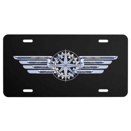 Air Pilot Chrome Like Wings Compass On Black License Plate