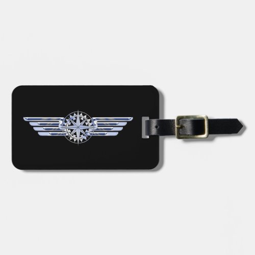 Air Pilot Chrome Like Wings Compass on Black Luggage Tag
