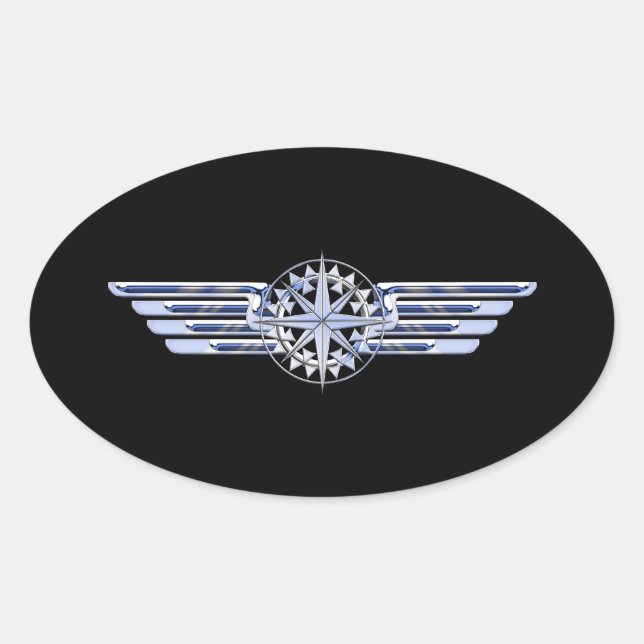 Air Pilot Chrome Like Wings Compass on Black Oval Sticker (Front)