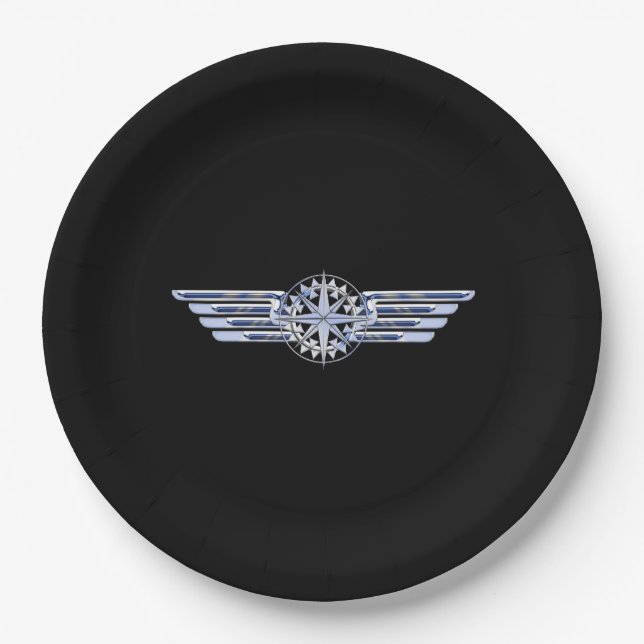 Air Pilot Chrome Like Wings Compass on Black Paper Plates (Front)
