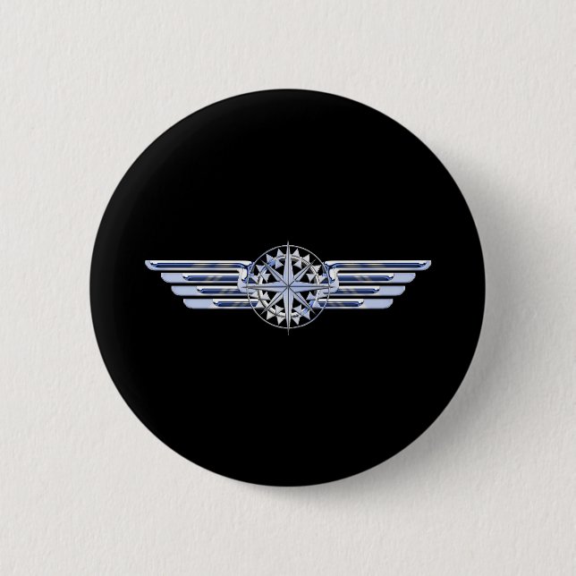 Air Pilot Chrome Like Wings Compass on Black Pinback Button (Front)