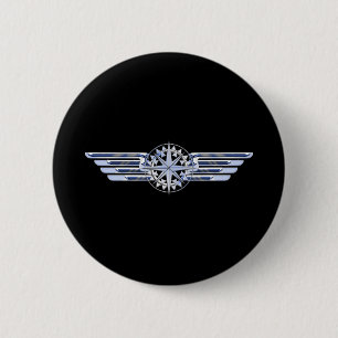 Air Pilot Chrome Like Wings Compass on Black Pinback Button