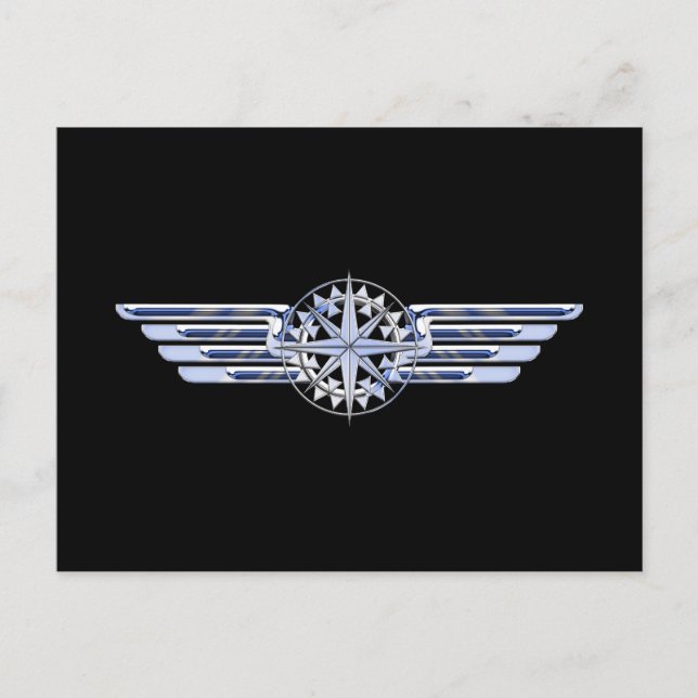 Air Pilot Chrome Like Wings Compass on Black Postcard (Front)