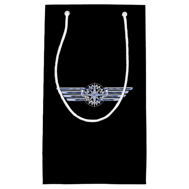 Air Pilot Chrome Like Wings Compass on Black Small Gift Bag (Front)