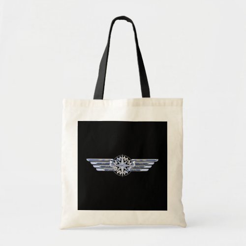 Air Pilot Chrome Like Wings Compass on Black Tote Bag
