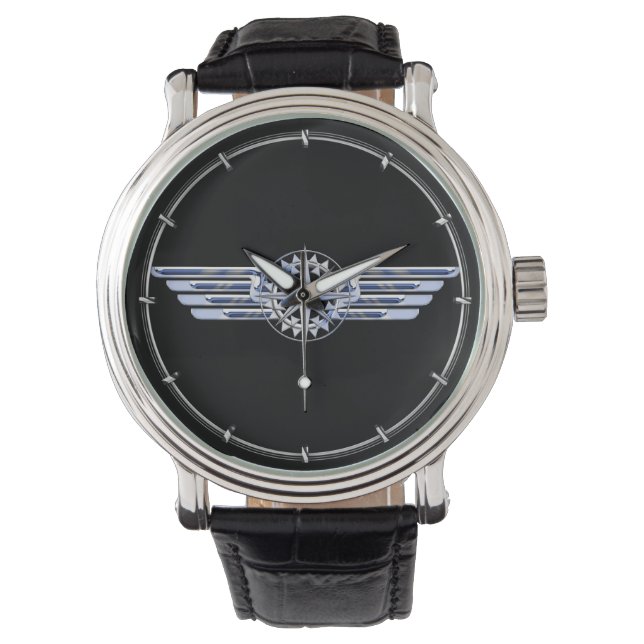 Air Pilot Chrome Like Wings Compass on Black Watch (Front)