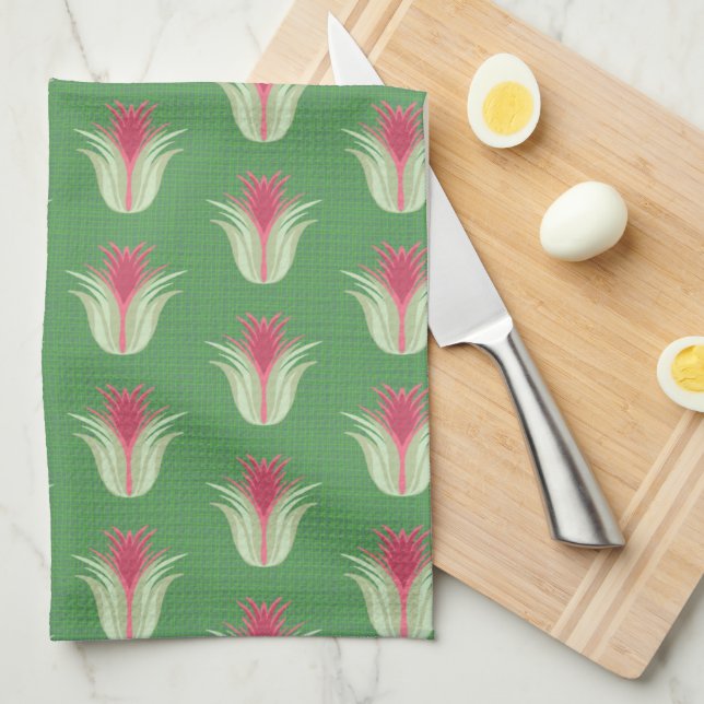 Air Plant Green and Red Tones Kitchen Towel (Quarter Fold)