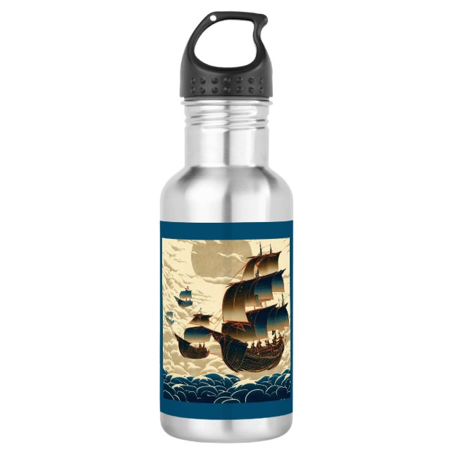 Air Ships Sailing Above Clouds - Woodcut 2 Stainless Steel Water Bottle (Front)