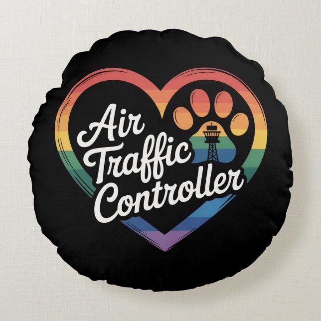 Air Traffic Controller Rainbow Heart Round Pillow (Front)