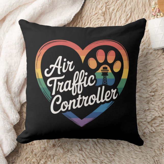 Air Traffic Controller Rainbow Heart Throw Pillow (Blanket)