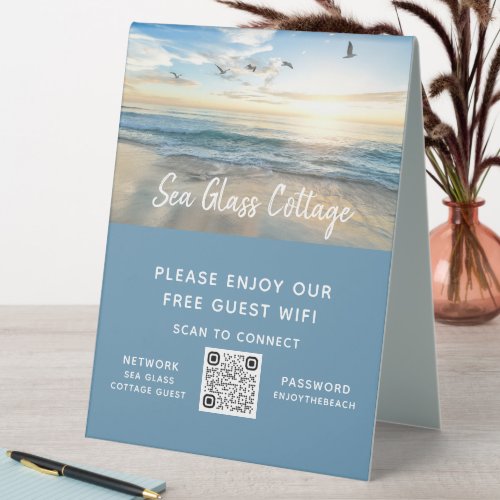 Airbnb Beach House Photo Wifi Password QR Code Table Tent Sign