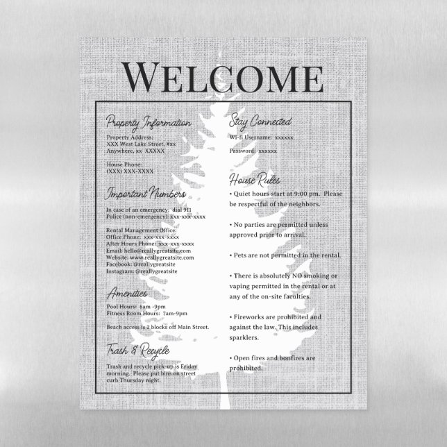 Airbnb Vacation Rental Guest Info Welcome Sign Magnetic Dry Erase Sheet (Vertical)