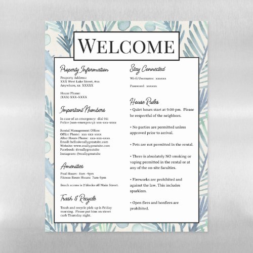 Airbnb Vacation Rental Welcome Sign House Rules Magnetic Dry Erase Sheet