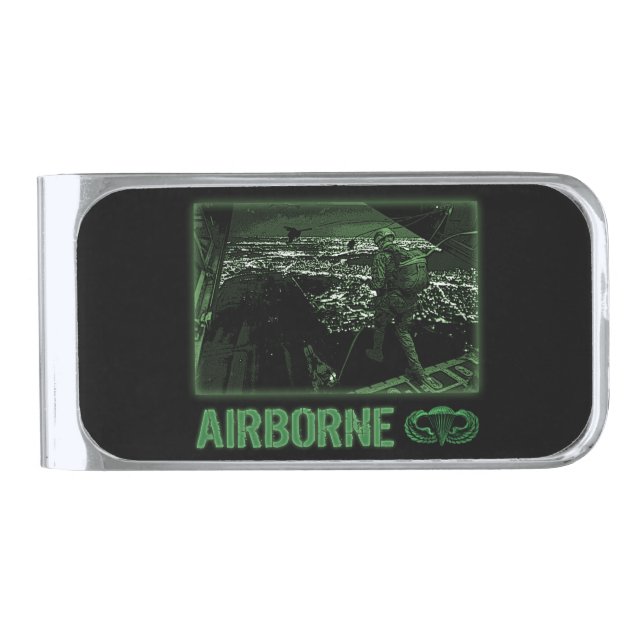 Airborne Jump at Night Silver Finish Money Clip (Front)