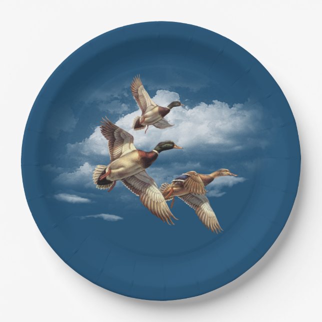 Airborne Mallard Ducks On Blue Paper Plates (Front)